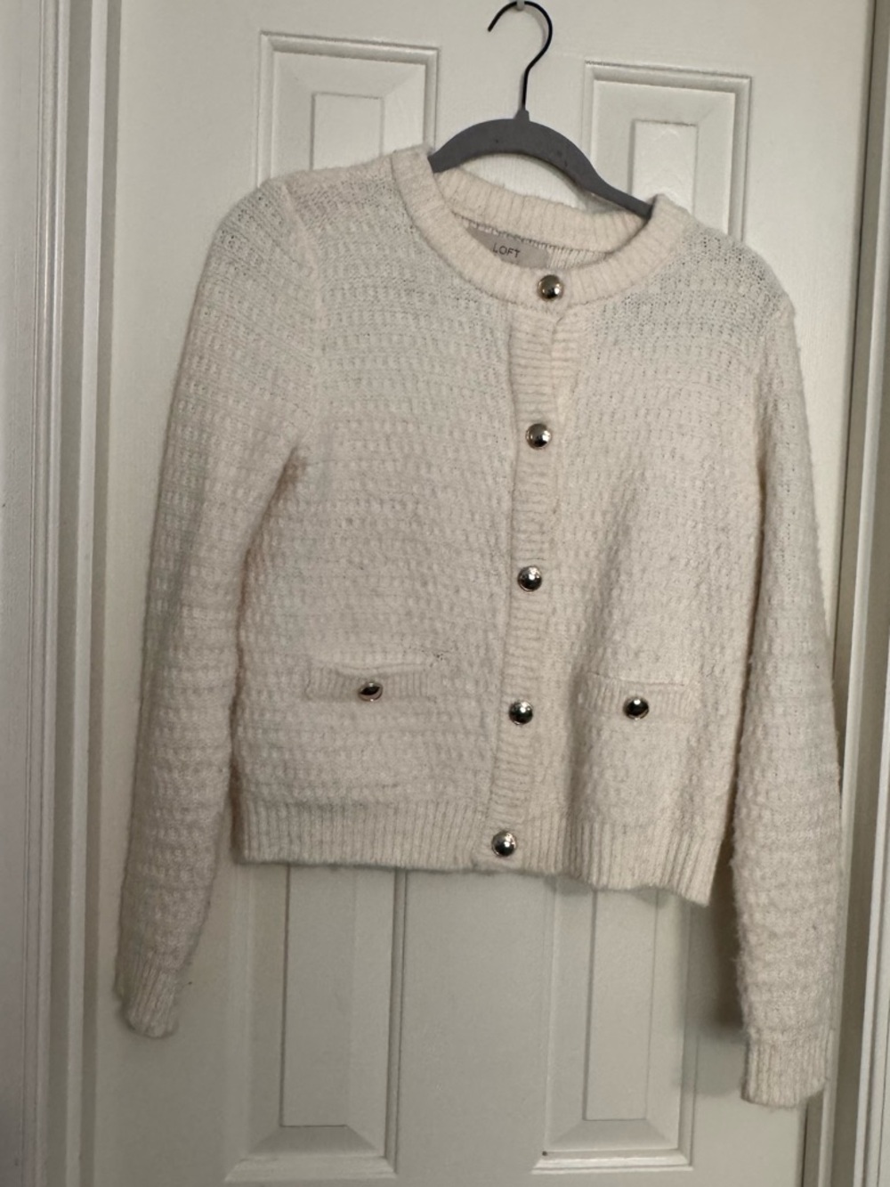 Ivory Cropped Knit Cardigan with gold Buttons